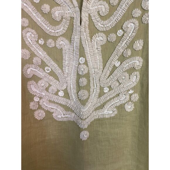 Calypso St. Barth | Chartreuse Linen Tunic Embroidered Sequin Boho - Picture 7 of 9
